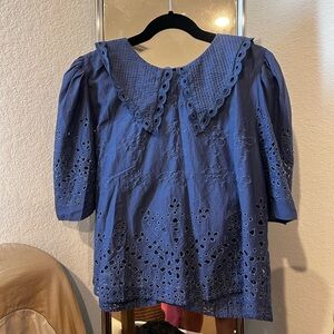 Anthropologie Blue Puff Sleeve Embellished Blouse
